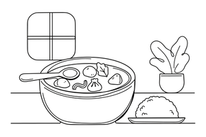 A bowl of curry with a scoop of rice beside it – World Food Delights coloring page