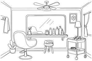 A big salon mirror on the wall with a shelf of bottles below – Hair Salon coloring page