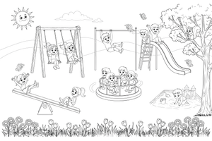 A sunny park playground with children – Playground coloring page
