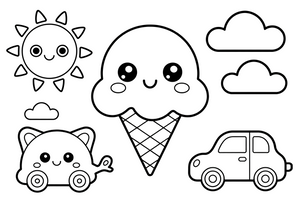 Kawaii a smiling ice cream cone with happy eyes and rosy cheeks – Kawaii Cute Food coloring page