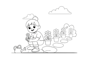 A woman planting flowers along a garden path – Garden & Gardening coloring page