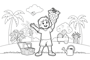 A child holding a bunch of grapes – Tropical Fruits coloring page
