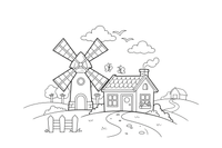 A windmill with a little cottage beside it – Windmill coloring page