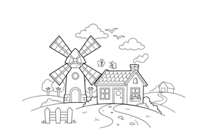 A windmill with a little cottage beside it – Windmill coloring page