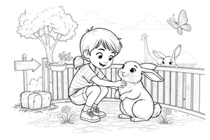 A child petting a rabbit – Zoo Day coloring page
