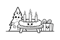 An Advent wreath with four candles — three burned low and the fourth just starting to melt – Christmas Eve coloring page