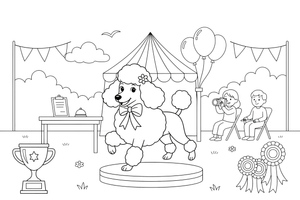 Poodle wearing a bow at a dog show – Poodle Dog Outdoor Fun coloring page