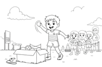 A child throwing a ball into a big box while other children wait in line – Sports Day coloring page