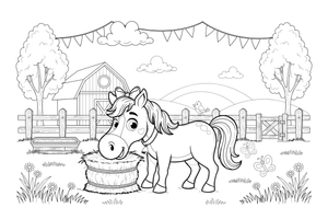 Horse eating hay in a paddock – Galloping Horse Farm coloring page