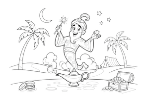 A genie rising out of a magic lamp in a puff of smoke – Enchanted Magic Folk Fairytale Characters coloring page