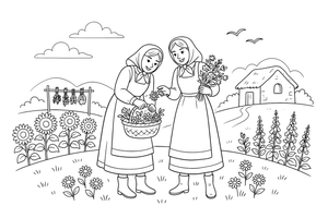 Two women in folk costumes gathering wildflowers in a meadow – Herb Day coloring page
