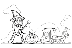 Fairy Godmother turning a pumpkin into a carriage – Fairy Godmother Fairy Scenes coloring page
