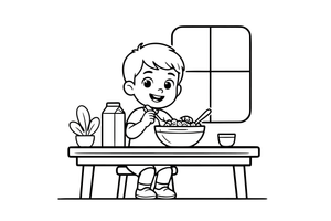 A child eating a bowl of cereal – Classic Breakfast coloring page