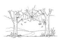 A spider web sparkling with dew on an autumn morning (web as simple lines) – Autumn Time Autumn Leaves coloring page