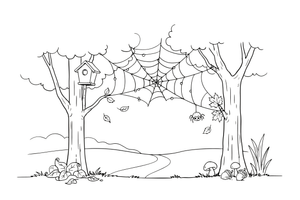 A spider web sparkling with dew on an autumn morning (web as simple lines) – Autumn Time Autumn Leaves coloring page