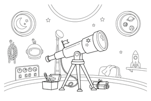 One big telescope, close up – Space Tech Spaceship coloring page