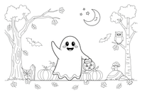 A ghost among the autumn trees at night – Halloween Ghost coloring page