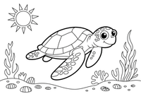 A large sea turtle gliding close to the front with a reef behind it – Magical Underwater World coloring page