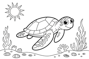 A large sea turtle gliding close to the front with a reef behind it – Magical Underwater World coloring page