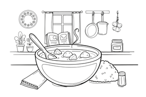 A bowl of curry with a scoop of rice beside it – World Food Delights coloring page