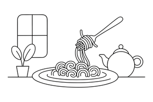 A plate with pasta and a fork twirl – Cozy Kitchen Cooking coloring page