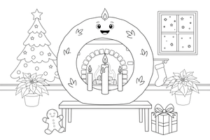 An Advent wreath with four candles — three burned low and the fourth just starting to melt – Christmas Eve coloring page