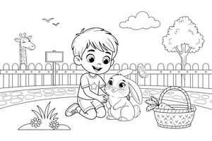 A child petting a rabbit – Zoo Day coloring page