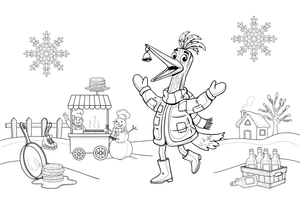 A cheerful mummer in a wooden crane costume with a long beak – Pancake Day Winter Treat coloring page