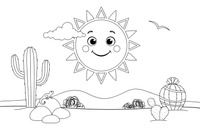 A desert scene with tall cacti, rocks and a sun – Vibrant Cacti & Succulents coloring page