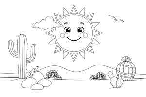 A desert scene with tall cacti, rocks and a sun – Vibrant Cacti & Succulents coloring page