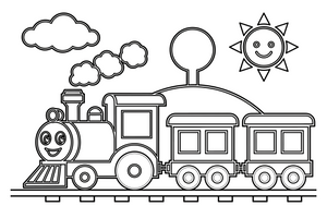 Steam Train pulling carriages – Steam Train Engine Scenes coloring page