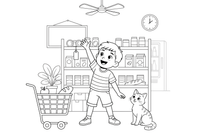 A child reaching for something on a shelf – Cozy Grocery Store coloring page