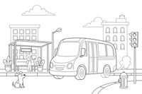 A bus stop with a bus arriving – Vibrant City Places coloring page