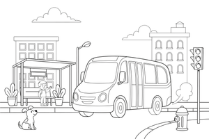 A bus stop with a bus arriving – Vibrant City Places coloring page