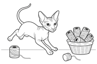 Sphynx dashing past a basket of threads – Sphynx Cat in Motion coloring page