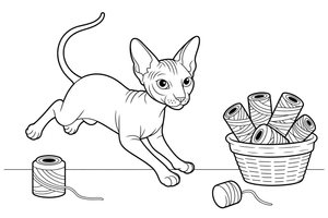 Sphynx dashing past a basket of threads – Sphynx Cat in Motion coloring page
