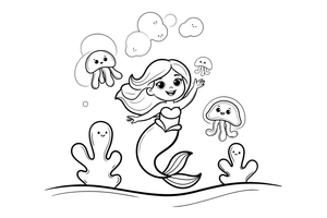 Mermaid dancing among glowing jellyfish – Mystical Mermaid coloring page