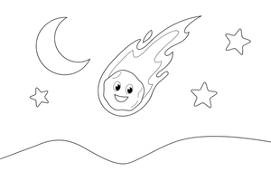A meteor streaking down through the night sky with a bright trail – Exploring Space Objects coloring page