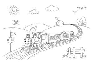 Steam Train pulling carriages – Steam Train Engine Scenes coloring page