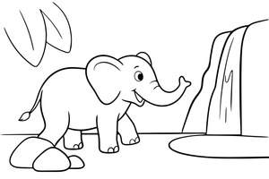 An elephant walking past a jungle waterfall – Gentle Elephant Wild coloring page