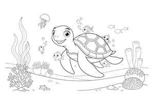 A big sea turtle, much bigger than the little fish around it – Majestic Ocean Giants coloring page
