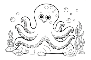A large octopus with round suckers (outlined, no fill) on its arms, sitting on a rock with seaweed and bubbles around – Octopus coloring page