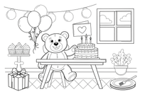 A teddy bear sitting at a table with a birthday cake – Birthday Cake Wishes coloring page