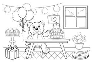 A teddy bear sitting at a table with a birthday cake – Birthday Cake Wishes coloring page