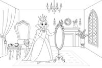A wicked queen with a crown looking into a mirror – Snow White Story coloring page
