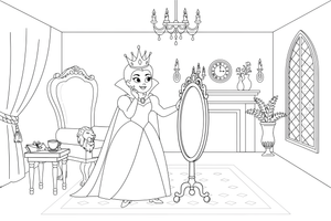 A wicked queen with a crown looking into a mirror – Snow White Story coloring page
