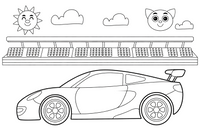 A sports car on a race track with grandstands behind – Sports Cars coloring page