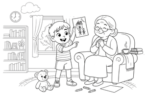 A child showing grandma a drawing they made – Cherished Grandparent Family coloring page