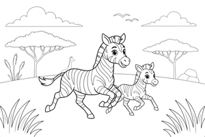 A mama zebra with her foal – Galloping Zebra Wild coloring page