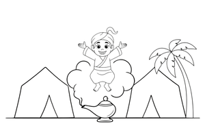 A genie rising out of a magic lamp in a puff of smoke – Enchanted Magic Folk Fairytale Characters coloring page